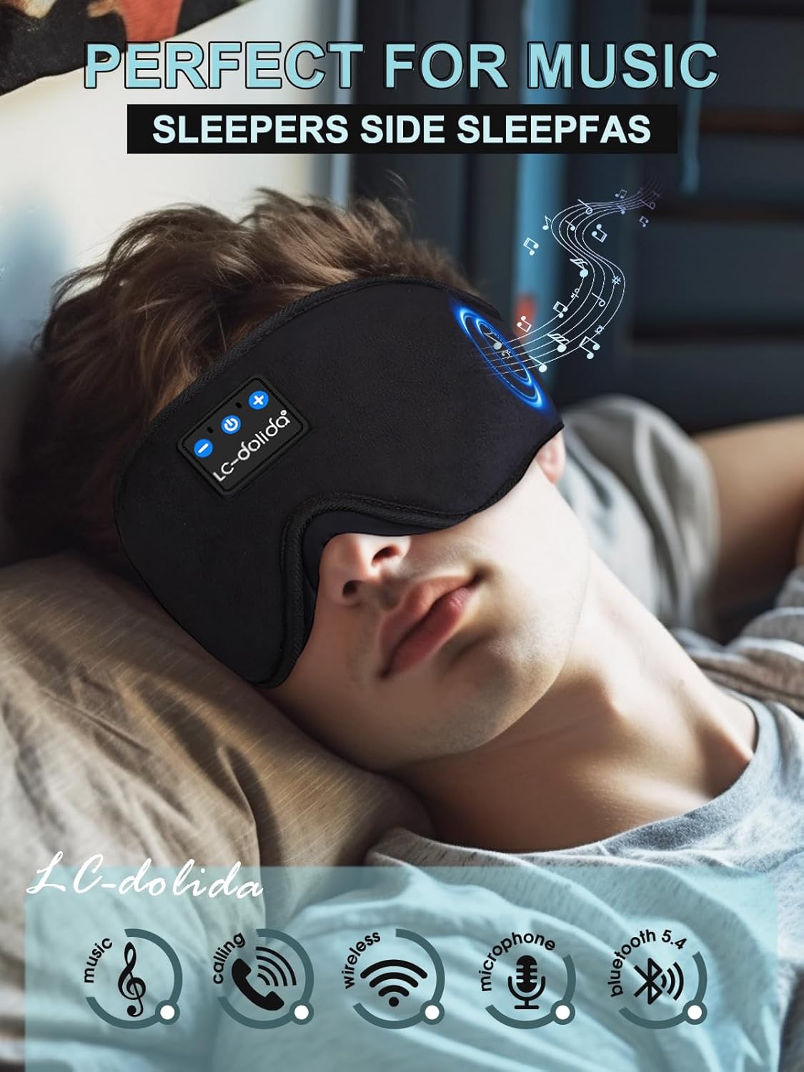 LC-dolida Sleep Headphones 3D Bluetooth Sleep Mask with Ultra-Thin Speakers Black