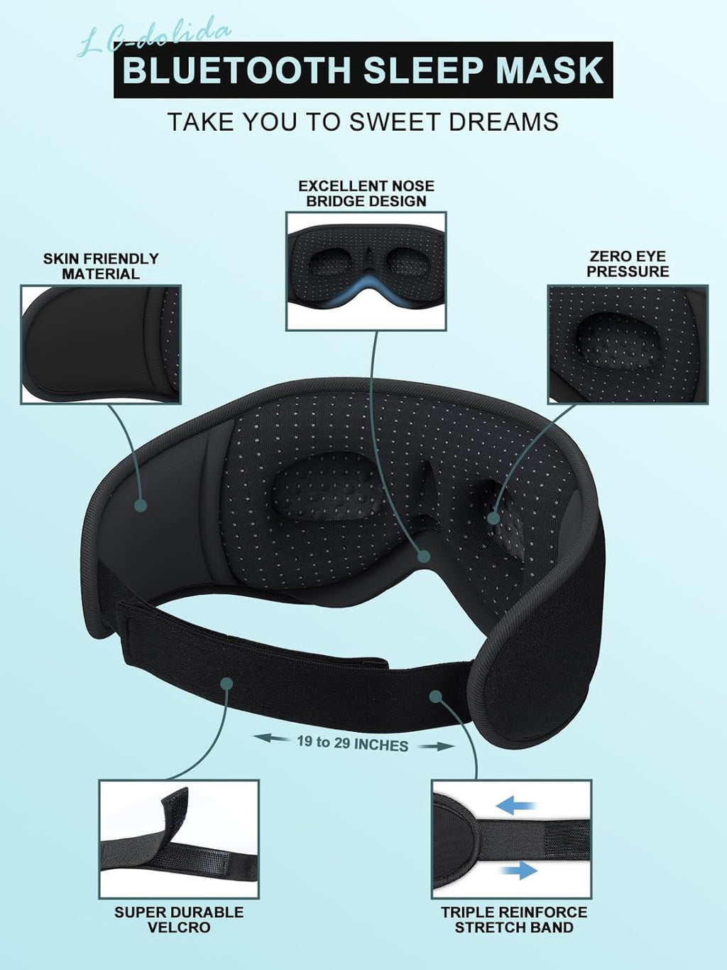 LC-dolida Sleep Headphones 3D Bluetooth Sleep Mask with Ultra-Thin Speakers Black