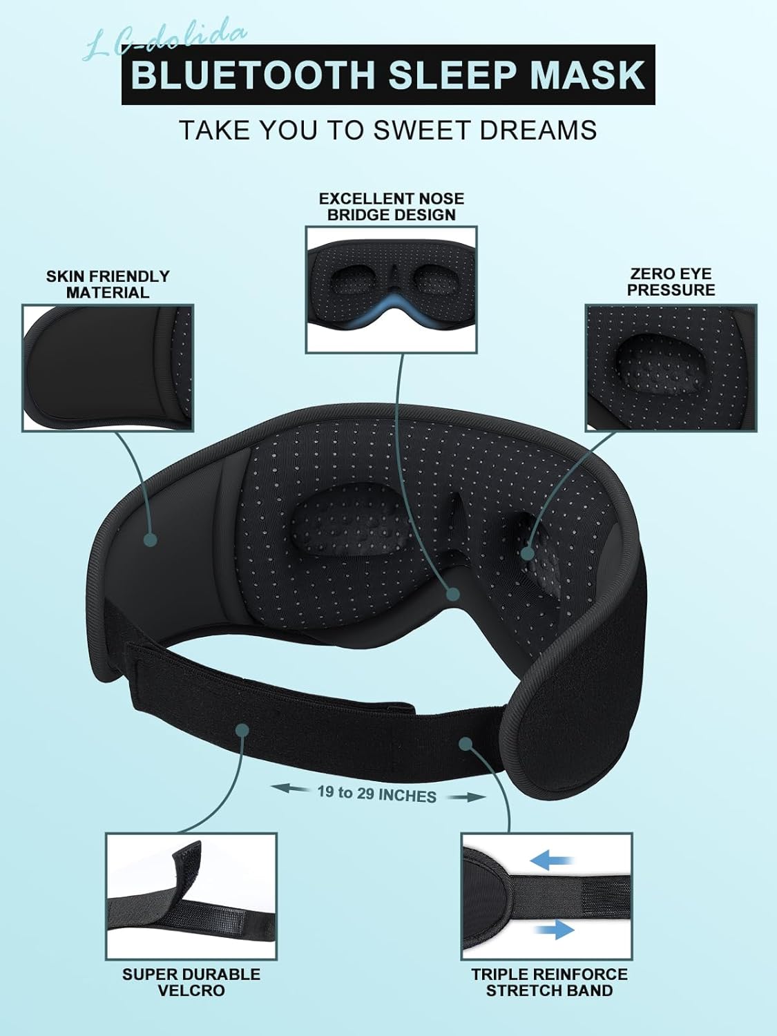 LC-dolida Sleep Headphones 3D Bluetooth Sleep Mask with Ultra-Thin Speakers Black