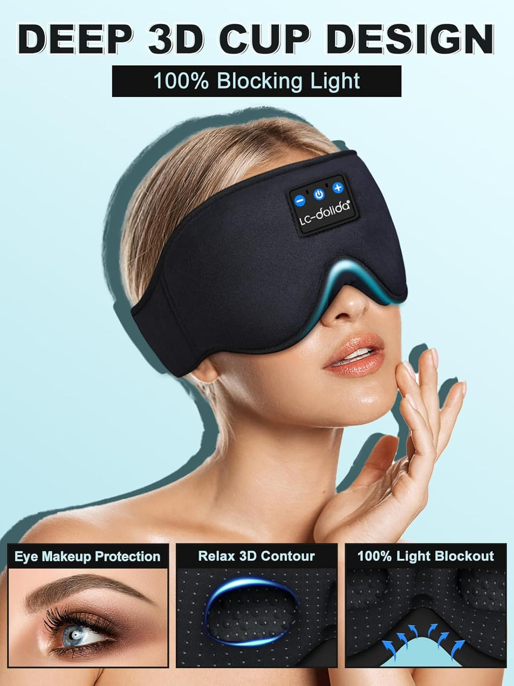 LC-dolida Sleep Headphones 3D Bluetooth Sleep Mask with Ultra-Thin Speakers Black
